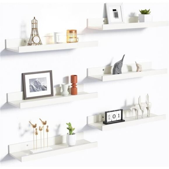 Upsimples Floating Wall Shelves Set of 6 Wood Storage for Home Decor White - Picture 1 of 8